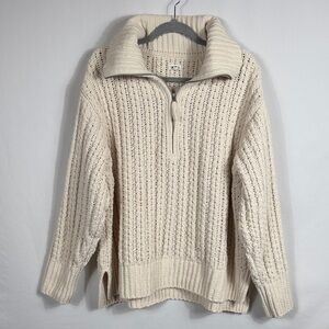 Aerie Cable Car 1/4 Zip Cream Textured Knit Sweater. Loose Fit Oversized XL